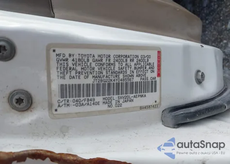 2000 Toyota Camry Le from USA, damaged, VIN JT2BG22K4Y0485567